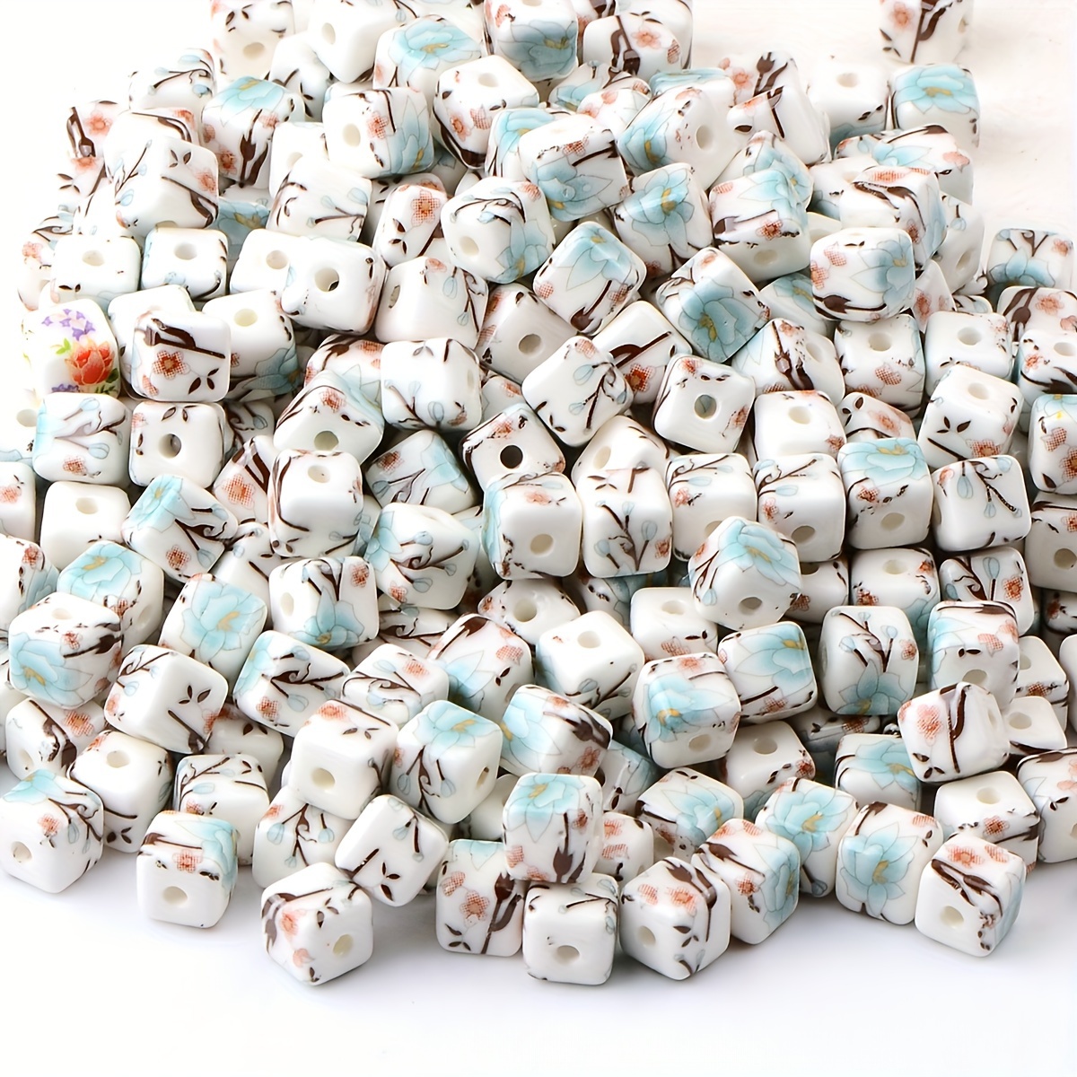 30pcs Vintage Lake Blue & White Porcelain Orchid Beads